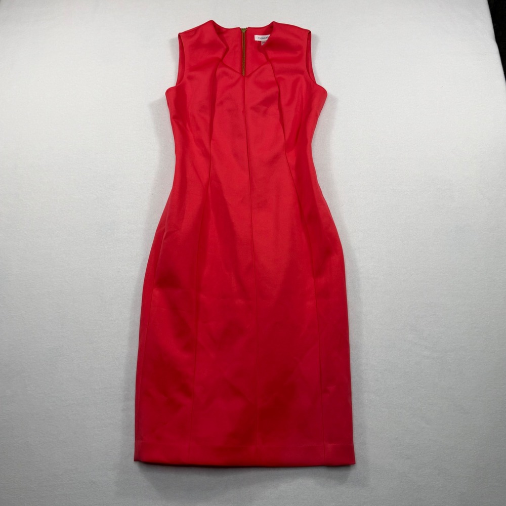 Calvin Klein Red Sleeveless Notched Neck Sheath Dress Size 2 Exposed Gold Zipper